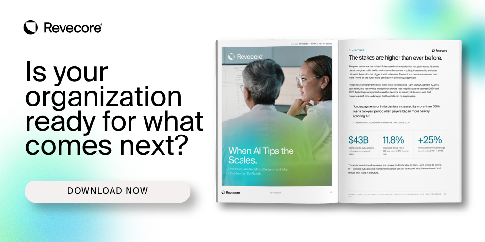 Call-to-action image promoting Revecore whitepaper download about AI, denials and revenue cycle strategy